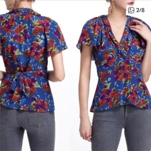 NWT Girls from Savoy Women Size 0 Anthropologie Blue Floral Silk Surplice Blouse